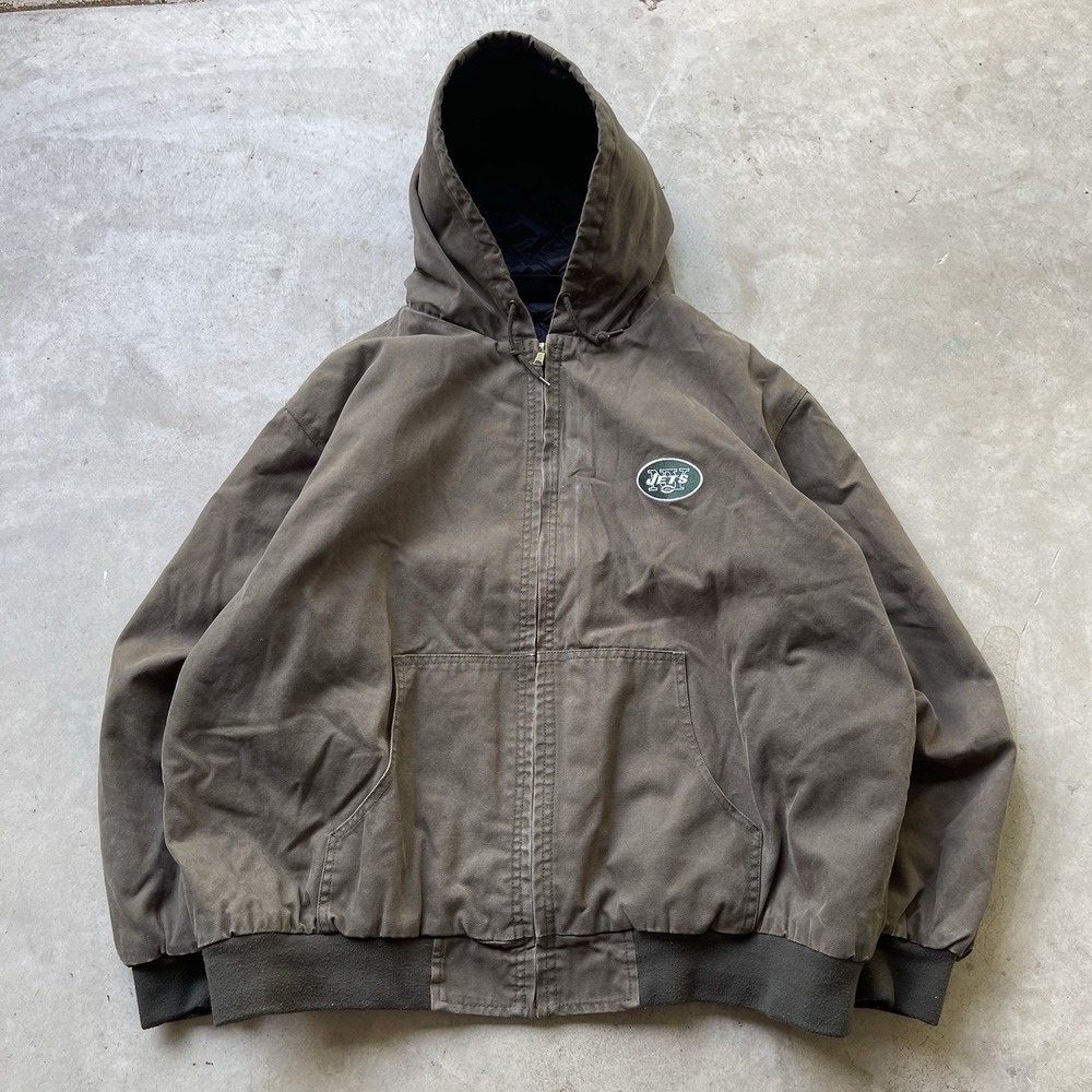 NFL NY Jets Duck Canvas Hoodedโ Lined Ranch Jacket Embroidered logo Brown Sz 2XL